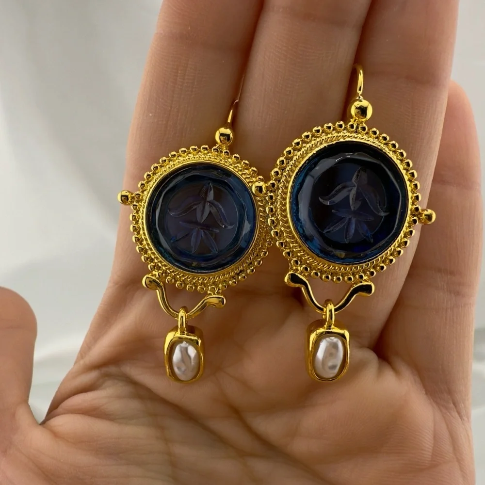 Earrings Blue Pearl Gold Vintage